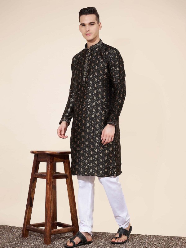 Black Jacquard Silk Readymade Kurta Pajama